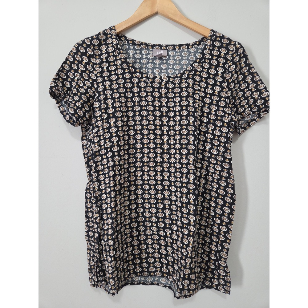 J. Jill Womens XS Black Geometric Print Scoop Neck Rayon Short Sleeve Blouse Top